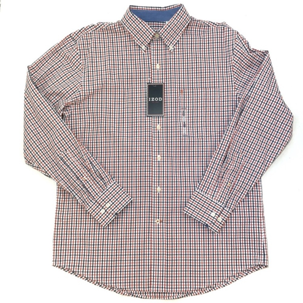 Izod Men’s Shirt Orange Navy Checkered Button Down